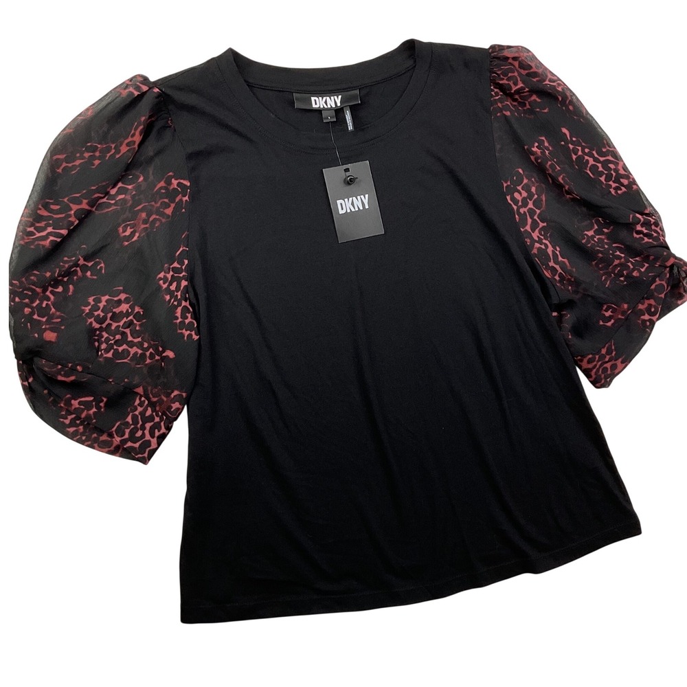 DKNY Womens Black Red Leopard Sheer Puff Sleeve Crew Neck Top P31HEOOJ L
